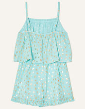 Foil Heart Print Frill Playsuit, Blue (TURQUOISE), large
