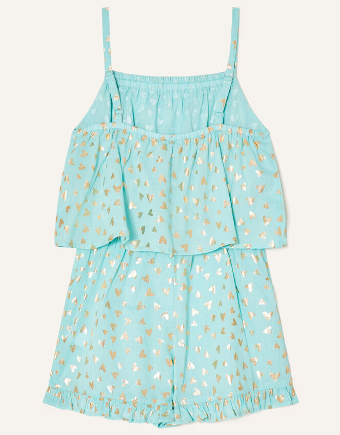 Foil Heart Print Frill Playsuit, Blue (TURQUOISE), large