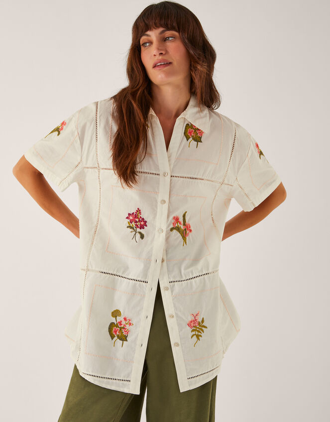 Luna Floral Embroidered Shirt, White (WHITE), large