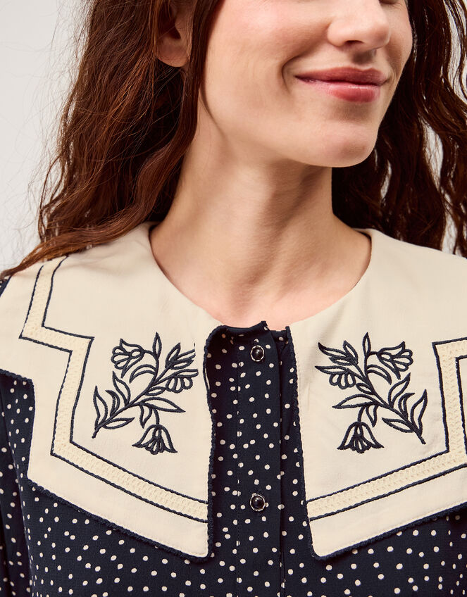 Ivy Embroidered Collar Polka Dot Blouse, Blue (NAVY), large