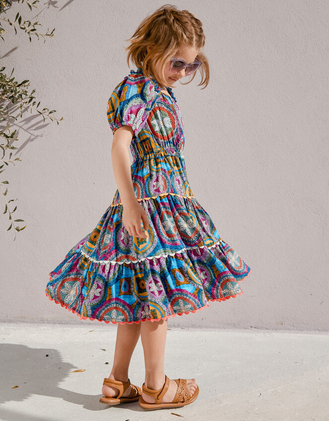 Short Sleeve Scallop Print Dress, Blue (BLUE), large