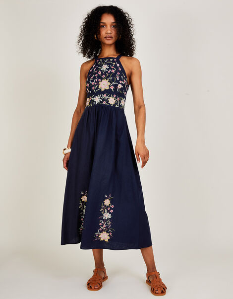 Leah Embroidered Midi Dress in Linen Blend  Blue, Blue (NAVY), large