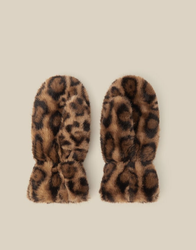Niya Leopard Print Faux Fur Mittens, , large