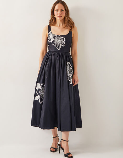 Sophie Embroidered Fit & Flare Midi Dress, Black (BLACK), large