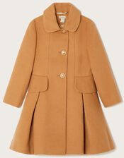 Bustle Back Bow Coat with Faux Fur Collar, Camel (CAMEL), large