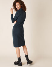 Pearl Button Cowl Neck Knit Dress, Teal (TEAL), large
