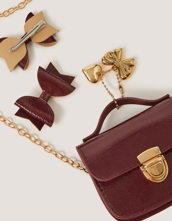 Mini Patent Satchel Bag & Hair Clips Set, , large