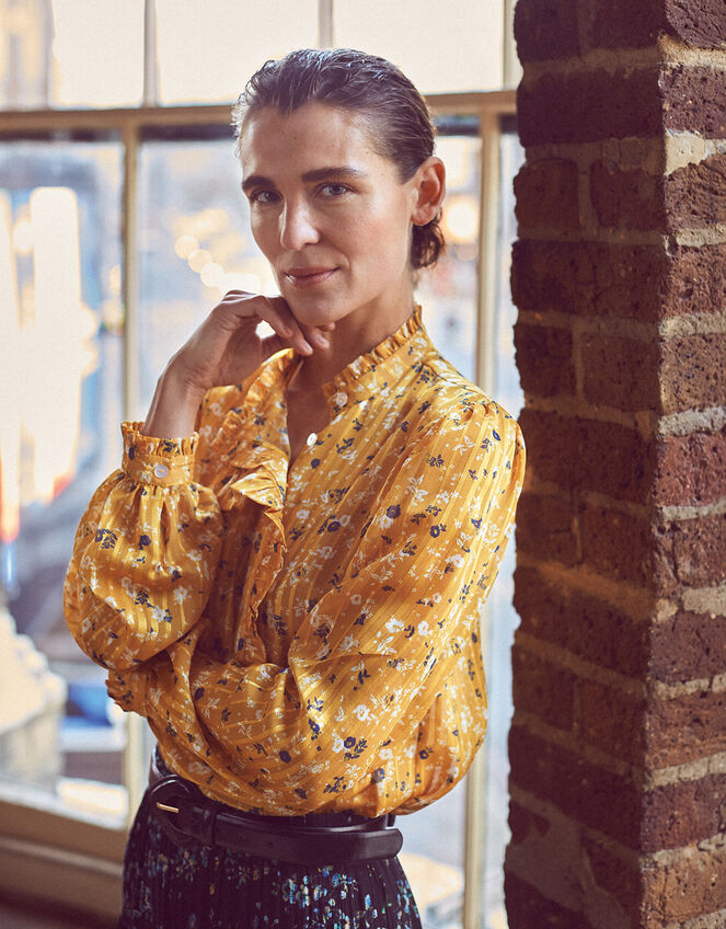 Ditsy Floral Frill Blouse, Yellow (OCHRE), large