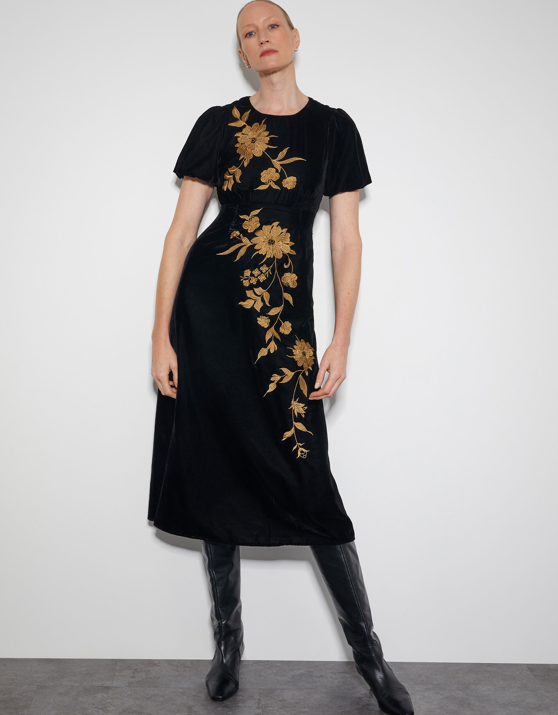 Kendra Embroidered Floral Velvet Midi Dress Black | Evening