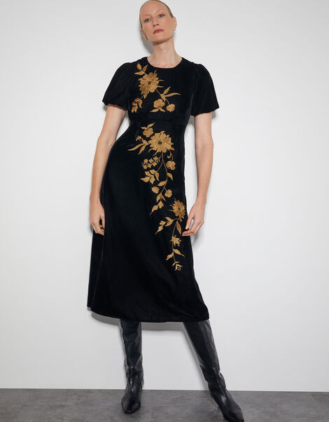 Kendra Embroidered Floral Velvet Midi Dress, Black (BLACK), large