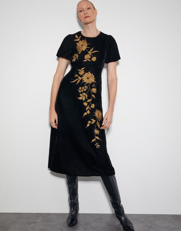 Kendra Embroidered Floral Velvet Midi Dress, Black (BLACK), large
