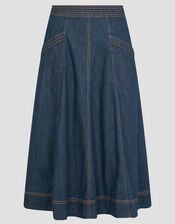 Harper Seamed Denim Midi Skirt, Blue (INDIGO), large