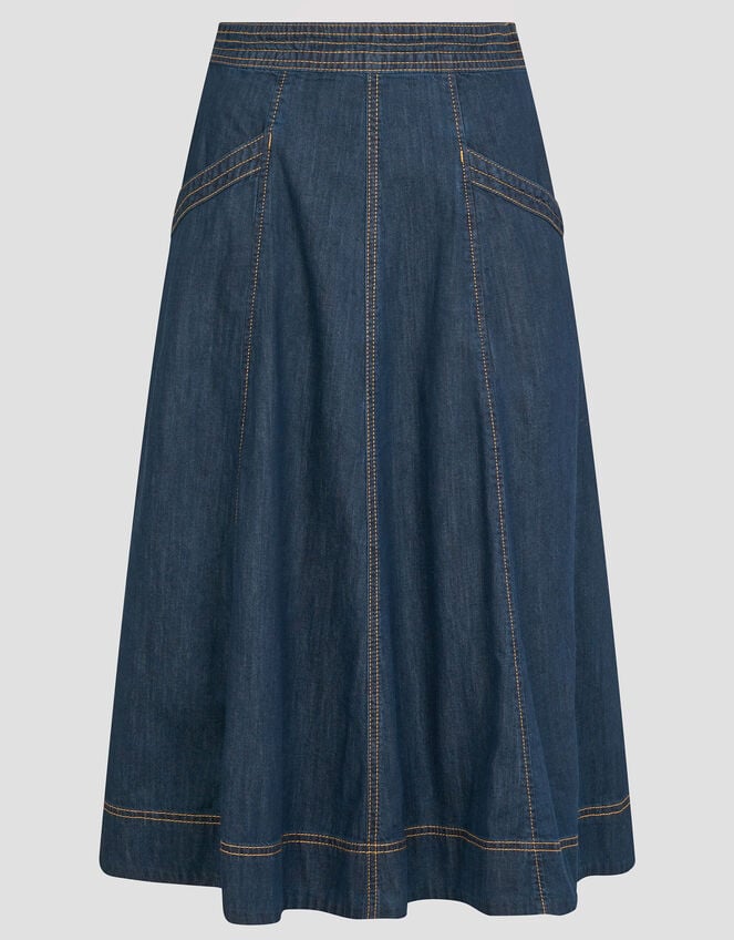 Harper Seamed Denim Midi Skirt, Blue (INDIGO), large