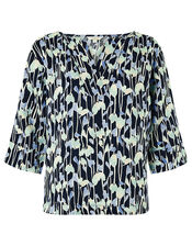 Lulu Printed Shirt in Pure Linen, Blue (NAVY), large