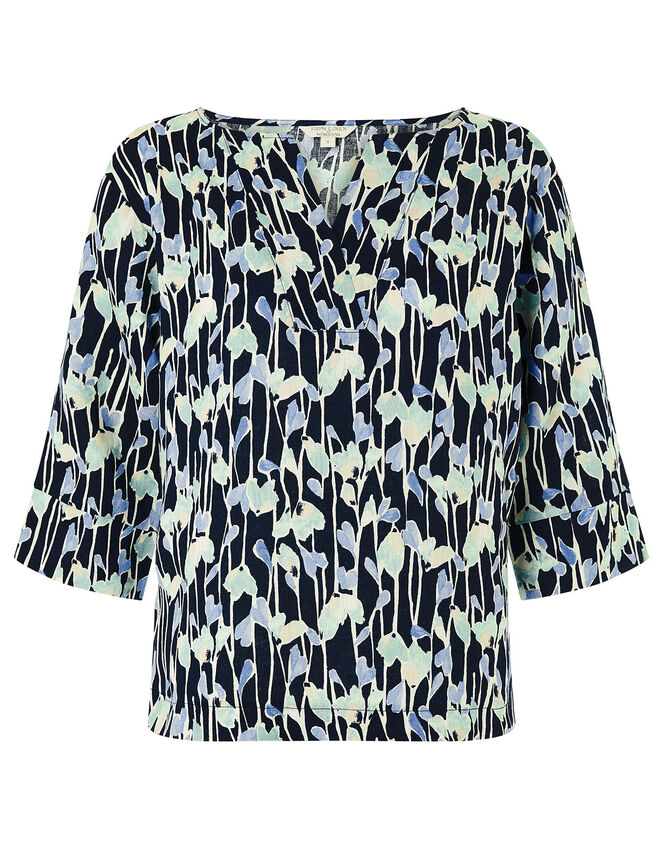 Lulu Printed Shirt in Pure Linen, Blue (NAVY), large