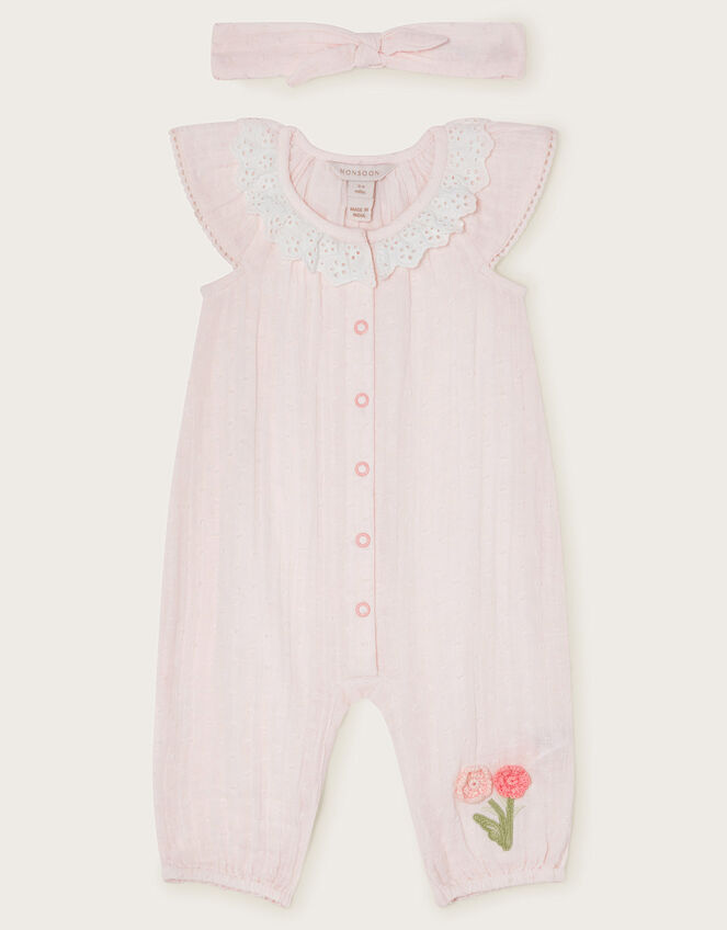 Newborn Dobby Crochet Romper and Headband, Ivory (IVORY), large