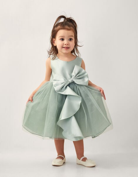 Baby Waterfall Bow Tulle Dress , Green (SAGE), large