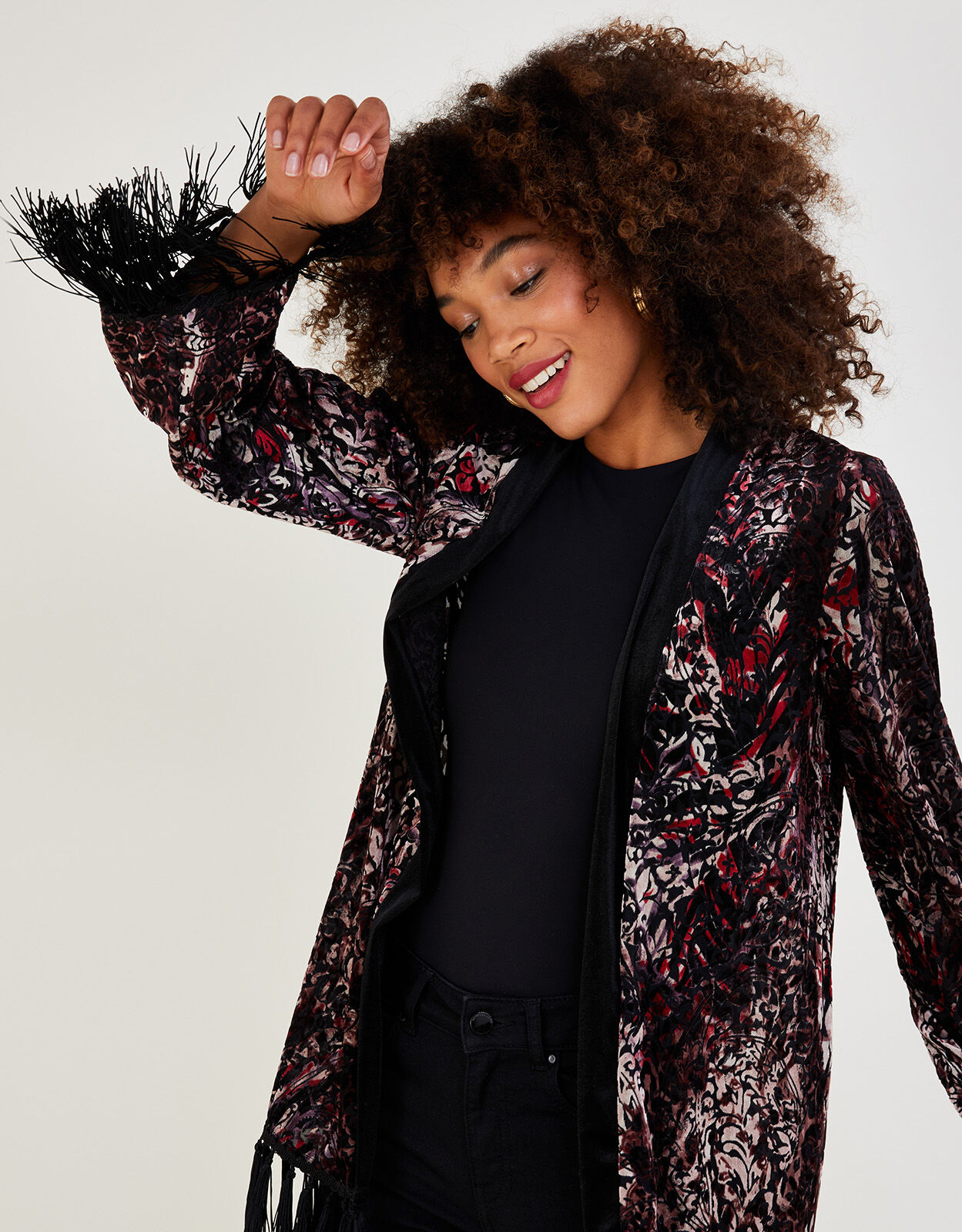 Casey Tassel Velvet Kimono Black Cardigans Monsoon Global