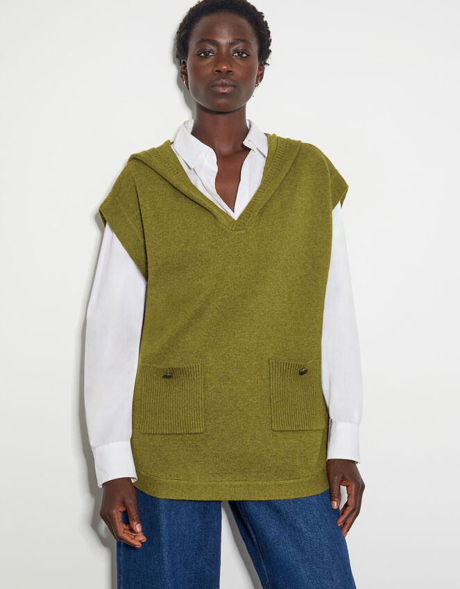 Sleeveless Knitted Hoodie, Green (OLIVE), large