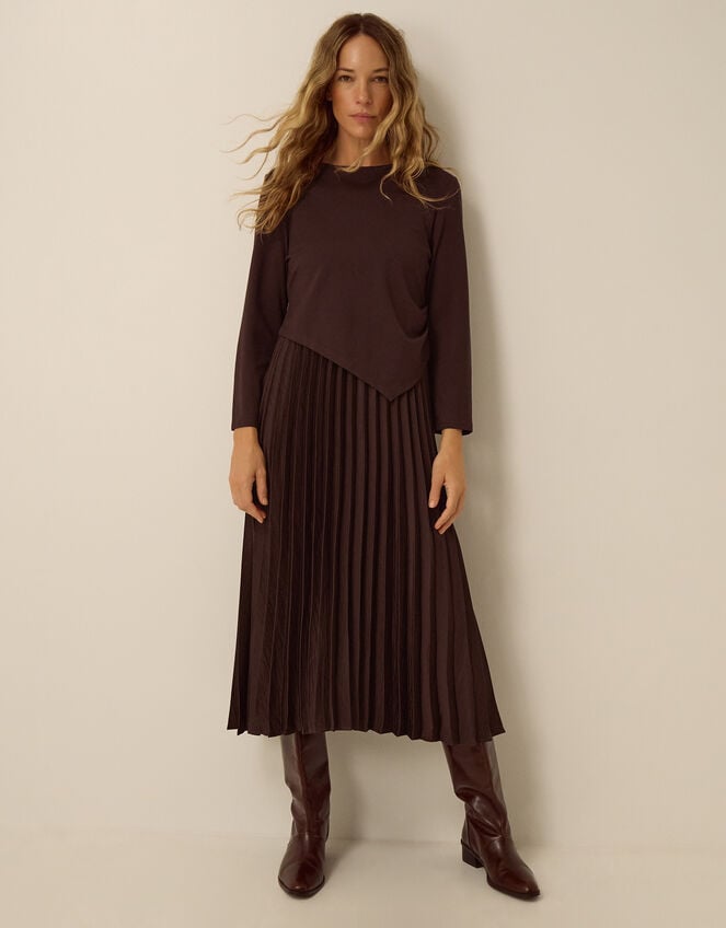Petra Jersey Pleated Midi Dress, Brown (CHOCOLATE), large