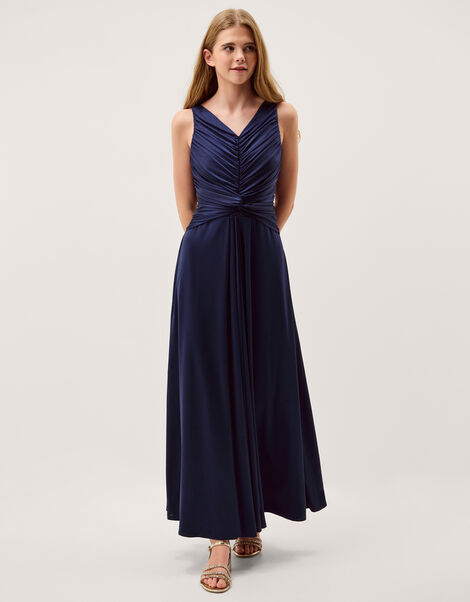 Skye Ruched Knot Jersey Prom Dress, Blue (NAVY), large