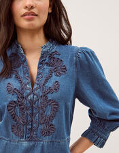 Melissa Embroidered Denim Midi Dress, Blue (MID AUTHENTIC BLUE), large