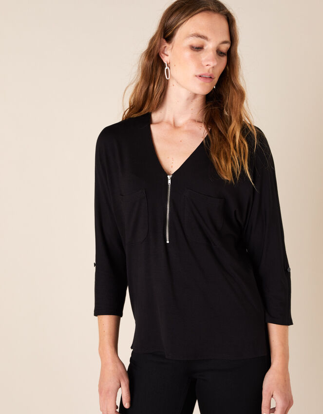 Zip Detail Jersey Shirt, Black (BLACK), large