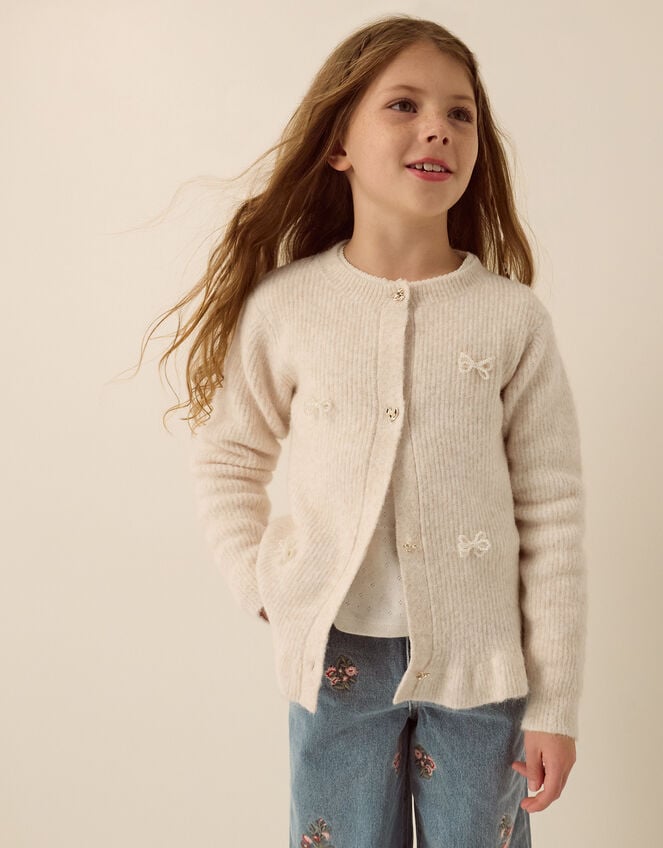 Pearl Bow Peplum Cardigan, Cream (CREAM), large