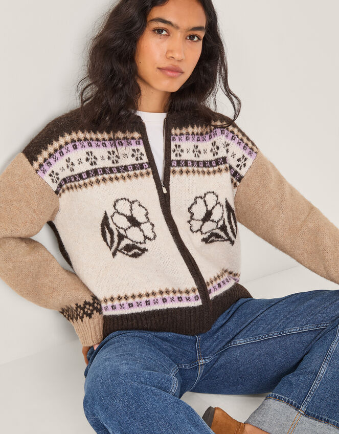 Julia Jacquard Knit Cardigan, Brown (CHOCOLATE), large