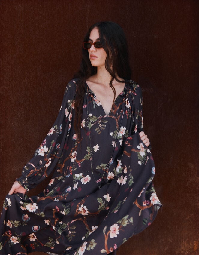 East Adelle Floral Long Sleeve Midi Dress, Red (BERRY), large