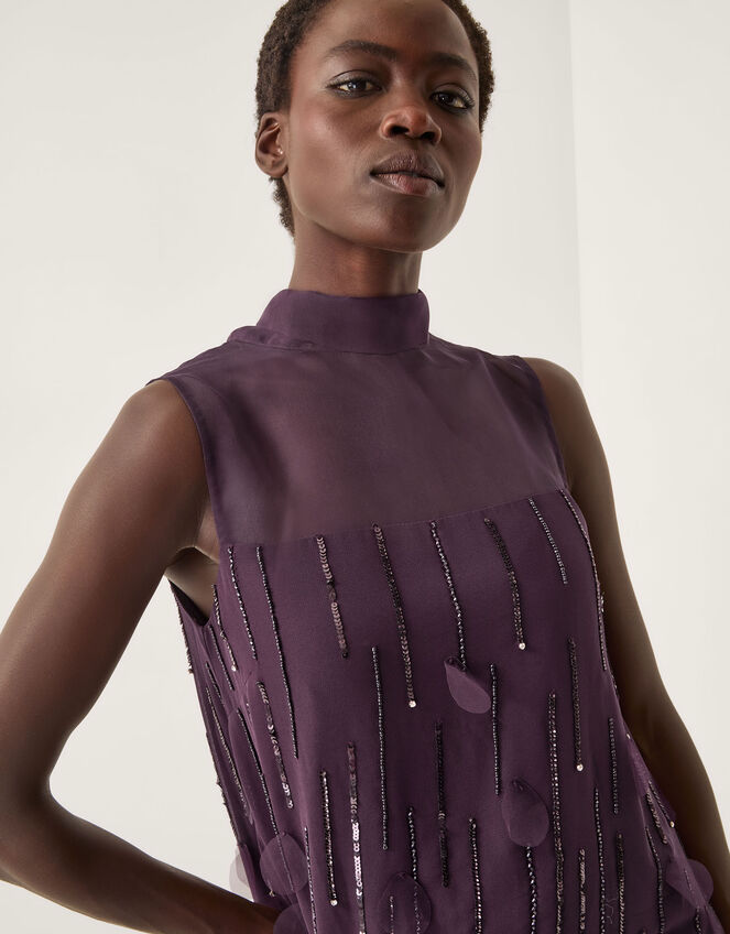 Cassidy Sleeveless Appliqu&eacute; Mini Dress, Purple (PURPLE), large