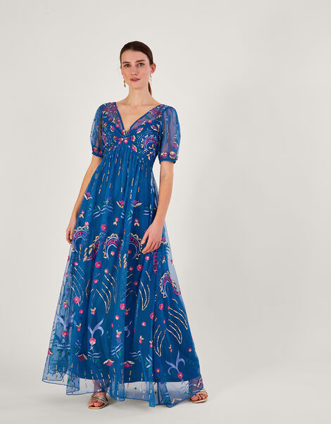 Tilly Embellished Maxi Dress in Recycled Polyester Blue, Blue (COBALT), large