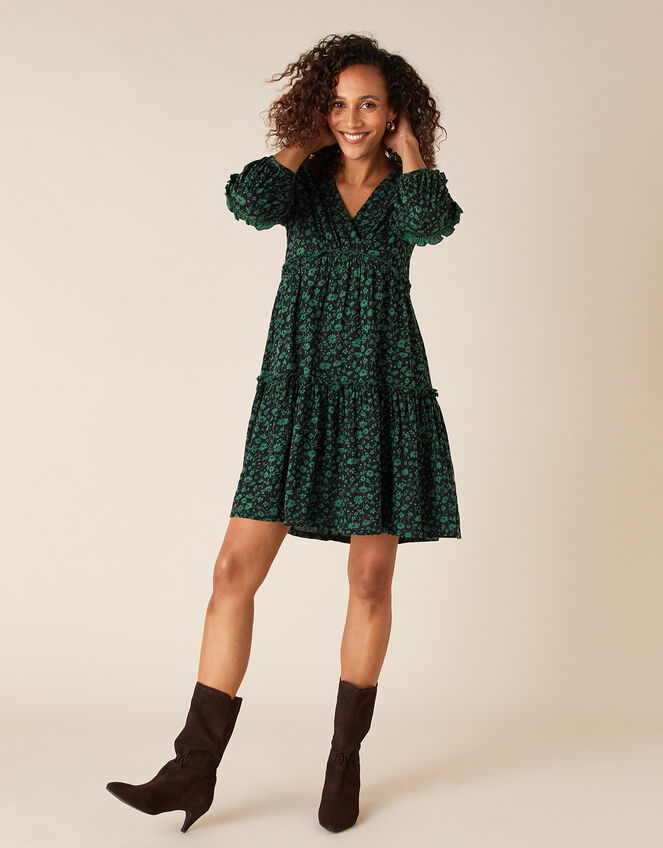 Floral Tiered Short Dress with Organic Cotton, Black (BLACK), large