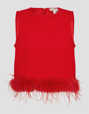 Monsoon x Sarah Corbett-Winder Feather Trim Crop Top, Red (RED), large