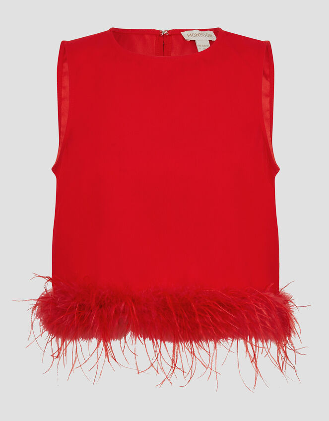 Monsoon x Sarah Corbett-Winder Feather Trim Crop Top, Red (RED), large