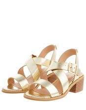 Metallic Strap Heeled Sandals, Gold (GOLD), large