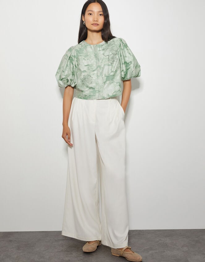Josie Puff Sleeve Floral Jacquard Top, Green (SAGE), large