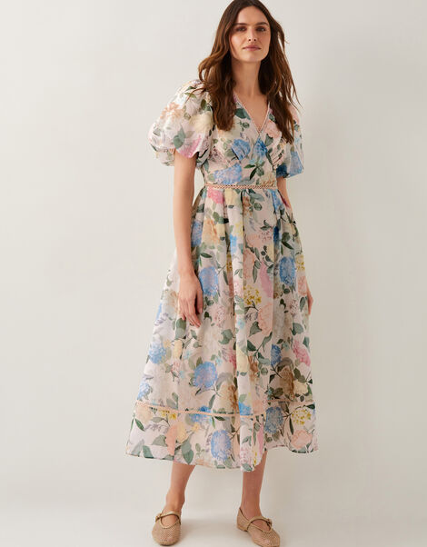 Agnes Floral Puff Sleeve Midi Dress, Pink (PALE PINK), large