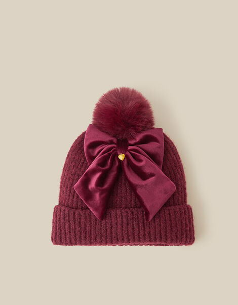 Velvet Bow Bobble Hat, Red (BURGUNDY), large