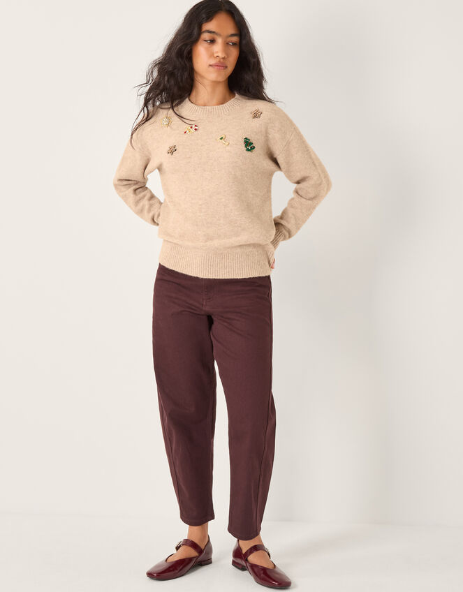 Edie Embroidered Christmas Jumper, Camel (CAMEL), large
