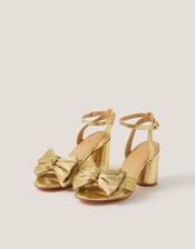 Metallic Bow Block Heel Sandals, Gold (GOLD), large