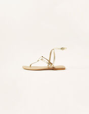Ring Metallic Leather Strap Sandals, Gold (GOLD), large