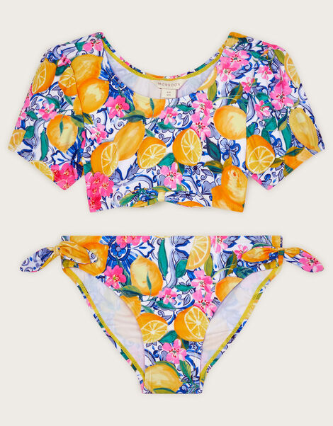 Lemon Print Short Sleeve Bikini Set, Yellow (YELLOW), large