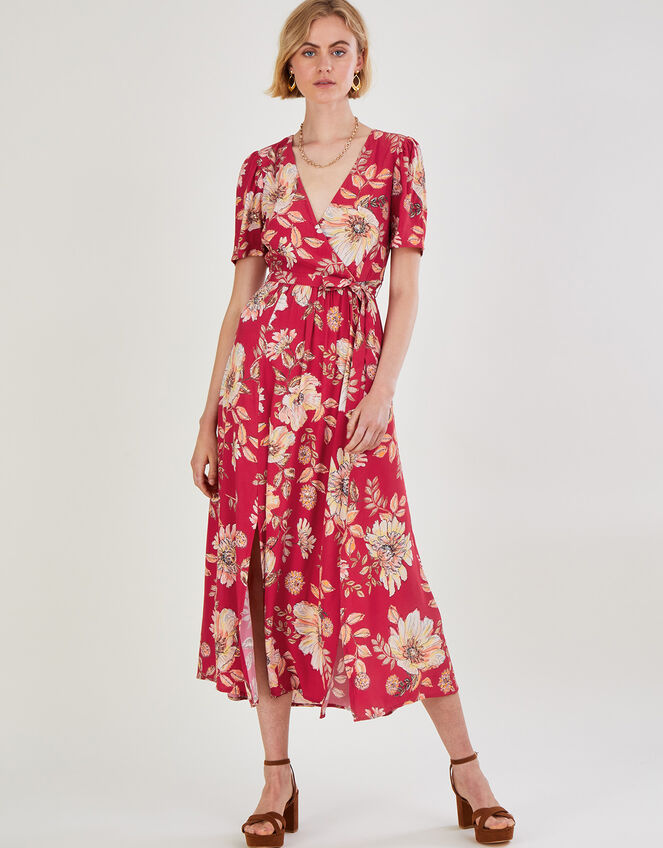 Bex Sequin Floral Wrap Dress in Sustainable Viscose, Red (RED), large