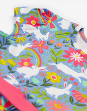 Frugi Issey Bunny Print Party Dress, Blue (BLUE), large
