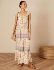 Frill Tiered Printed Maxi Dress , Orange (CORAL), large