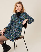 Floral Belted Short Dress, Black (BLACK), large