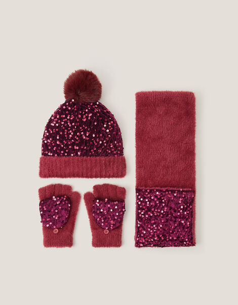 Fuzzy Sequin Bobble Hat & Scarf Set, Red (RED), large