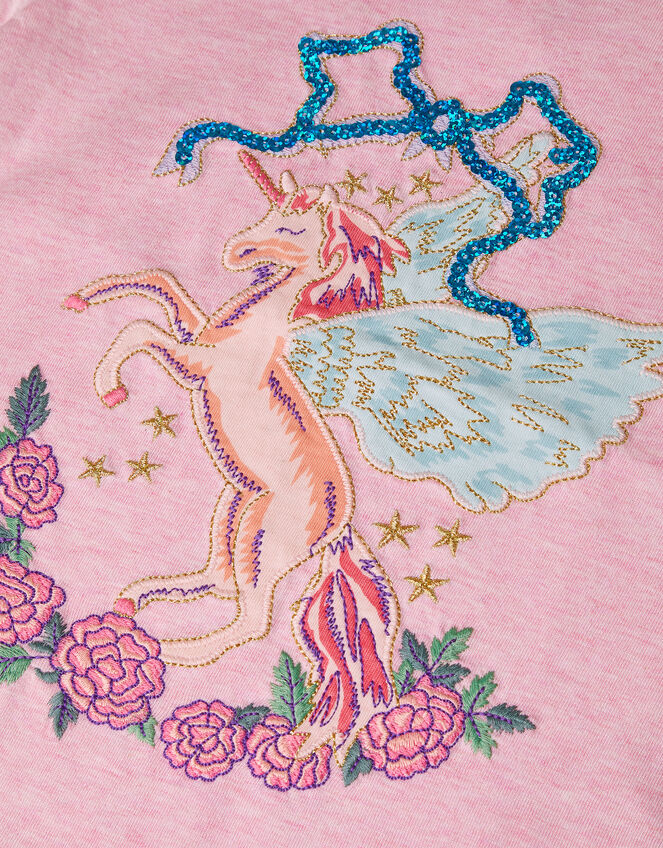 Unicorn Embroidered Long Sleeve Marl Cotton Top, Pink (PINK), large