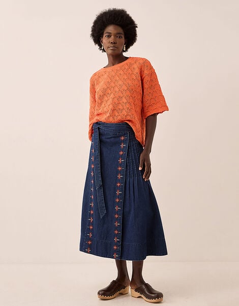 East Marion Denim Wrap Embroidered Skirt, Blue (DENIM), large